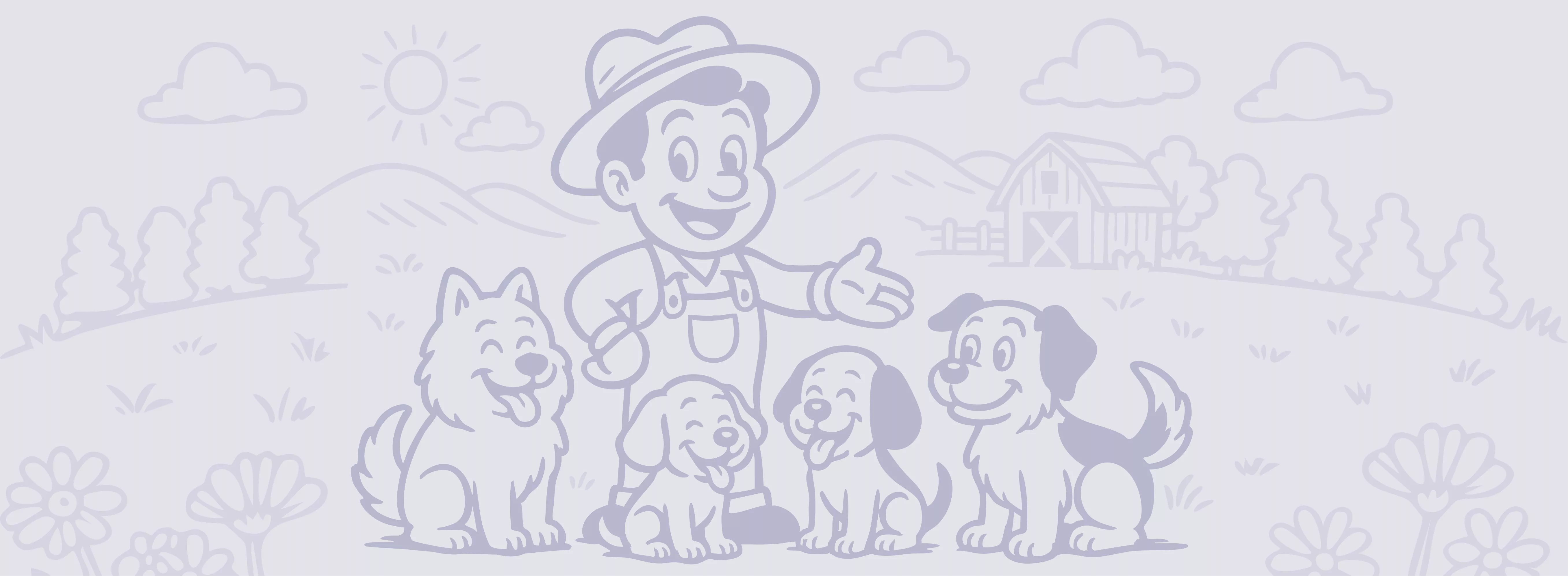 Illustration d'un éleveur et de et ses chiens regardant l'horizon d'un paysage vallonné